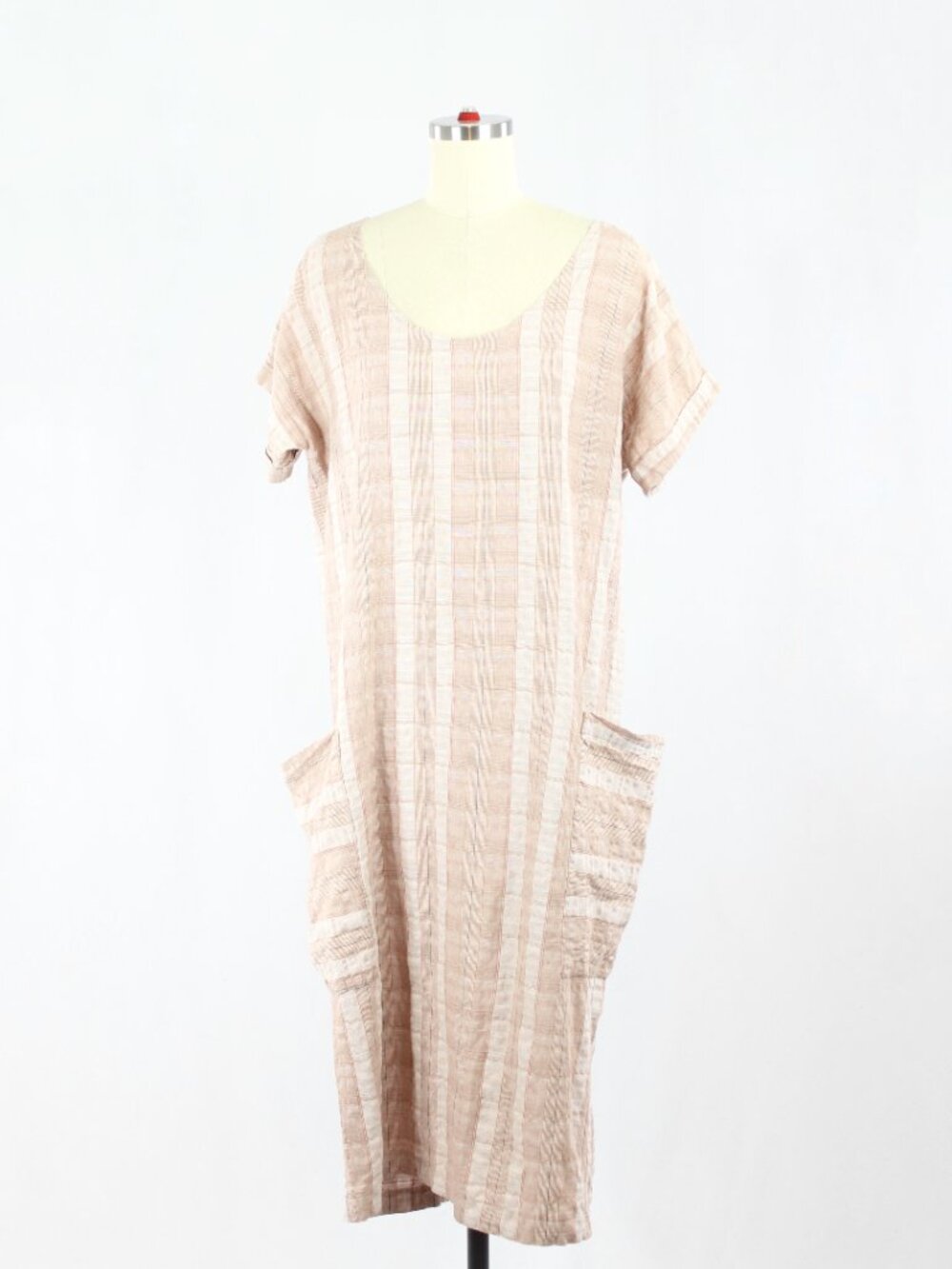 MEG Lazy Pink Red Plaid Check Cotton Seersucker Straight Midi Dress, Size M